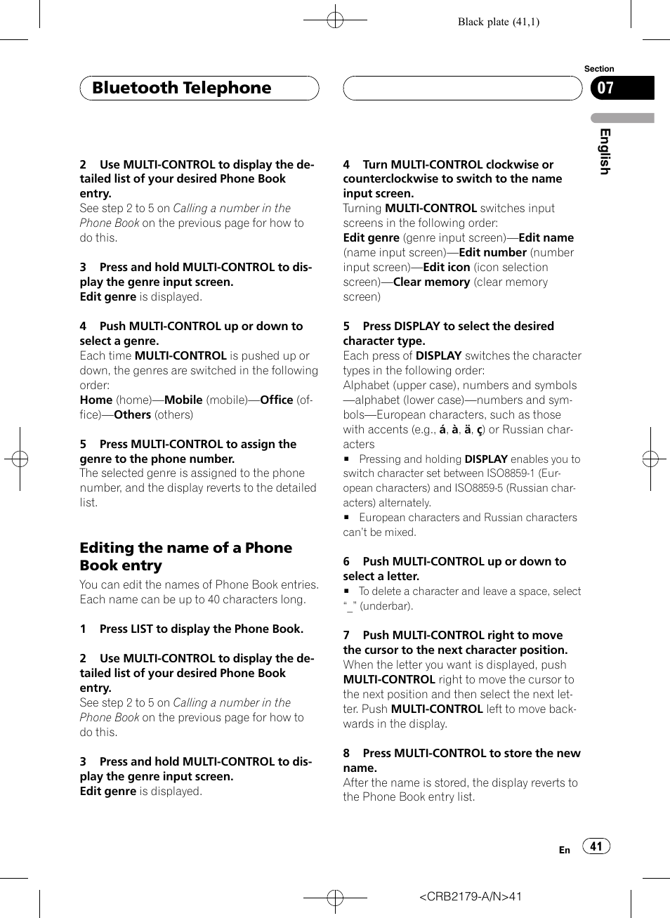 Editing the name of a phone book, Entry, Bluetooth telephone | Editing the name of a phone book entry | Pioneer Super Tuner III D DEH-P9850BT User Manual | Page 41 / 104
