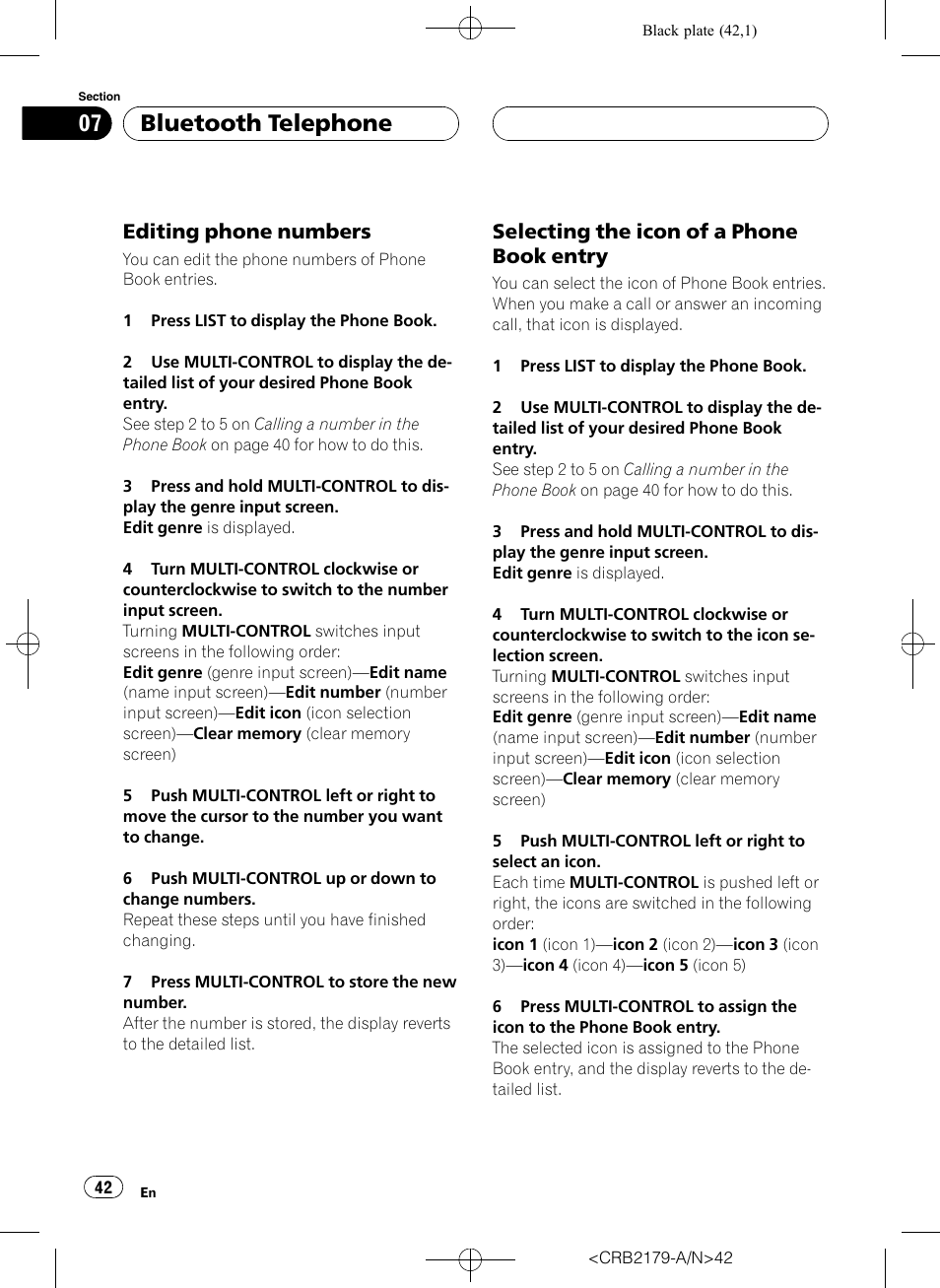 Editing phone numbers 42, Selecting the icon of a phone book, Entry | Bluetooth telephone, Editing phone numbers, Selecting the icon of a phone book entry | Pioneer Super Tuner III D DEH-P9850BT User Manual | Page 42 / 104