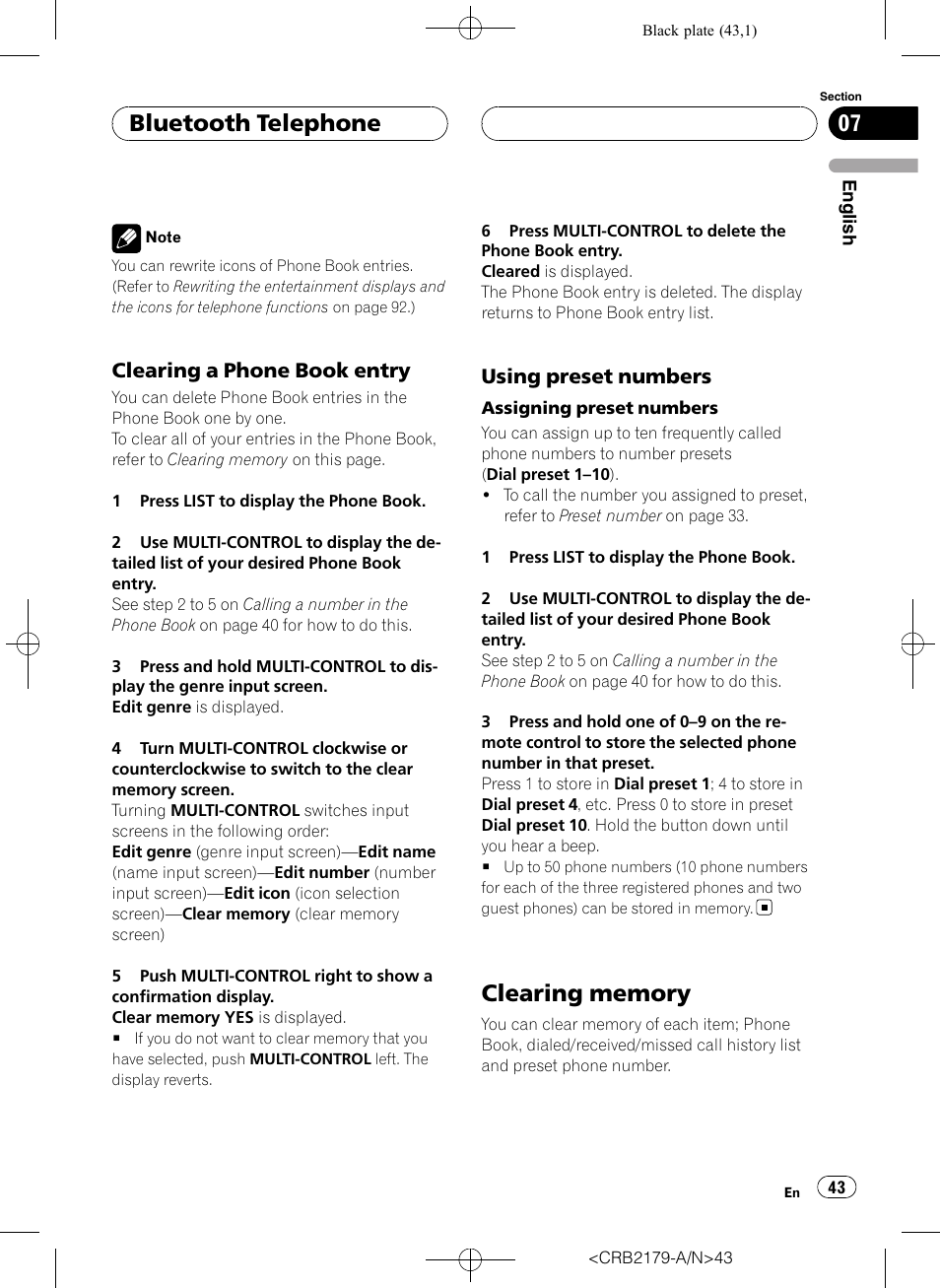 Clearing a phone book entry 43, Using preset numbers 43, Clearing memory | Bluetooth telephone, Clearing a phone book entry, Using preset numbers | Pioneer Super Tuner III D DEH-P9850BT User Manual | Page 43 / 104