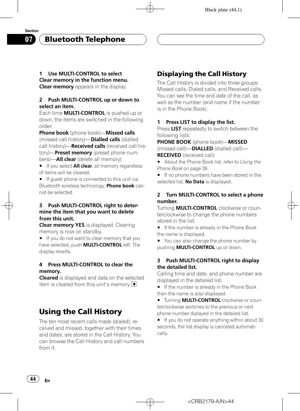 Using the call history, Displaying the call history 44, Bluetooth telephone | Displaying the call history | Pioneer Super Tuner III D DEH-P9850BT User Manual | Page 44 / 104