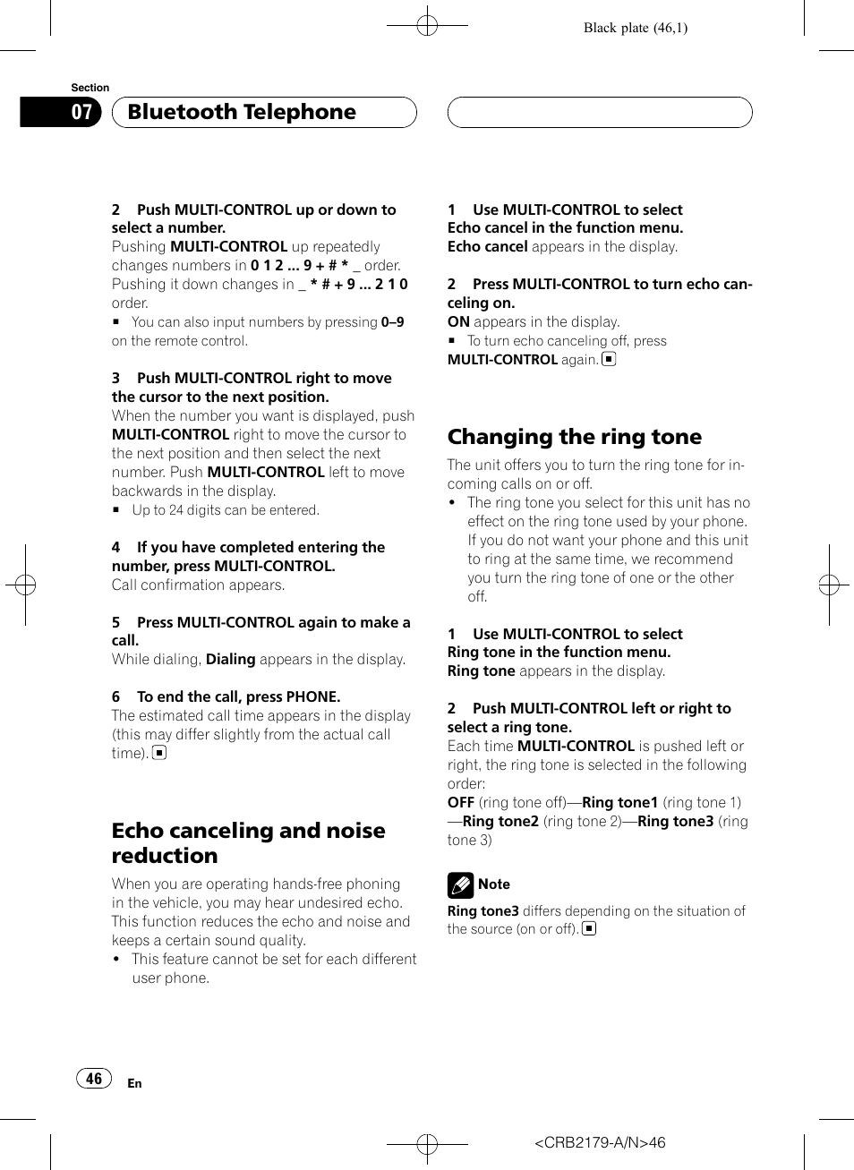 Echo canceling and noise reduction, Changing the ring tone, Bluetooth telephone | Pioneer Super Tuner III D DEH-P9850BT User Manual | Page 46 / 104
