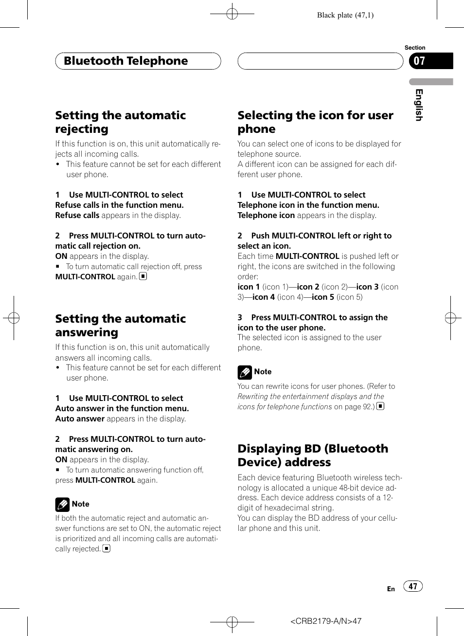 Setting the automatic rejecting, Setting the automatic answering, Selecting the icon for user phone | Displaying bd (bluetooth device), Address, Displaying bd (bluetooth device) address, Bluetooth telephone | Pioneer Super Tuner III D DEH-P9850BT User Manual | Page 47 / 104