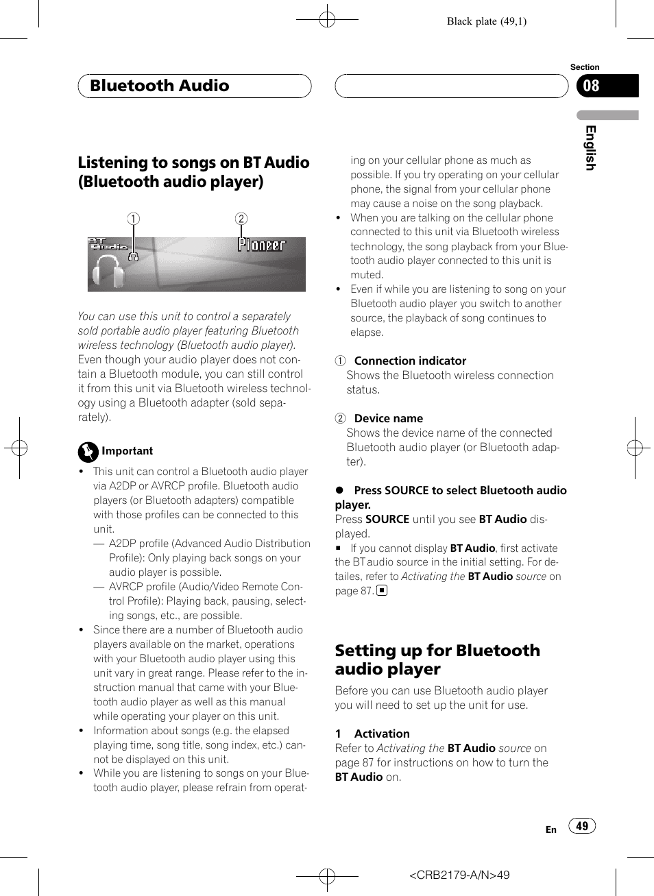 Audio player), Setting up for bluetooth audio player, Bluetooth audio | Pioneer Super Tuner III D DEH-P9850BT User Manual | Page 49 / 104