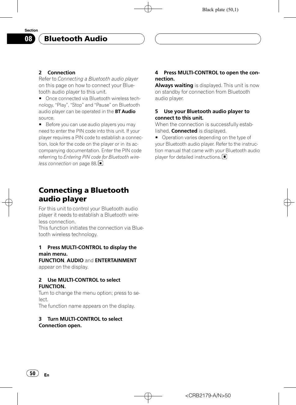 Connecting a bluetooth audio player, Bluetooth audio | Pioneer Super Tuner III D DEH-P9850BT User Manual | Page 50 / 104