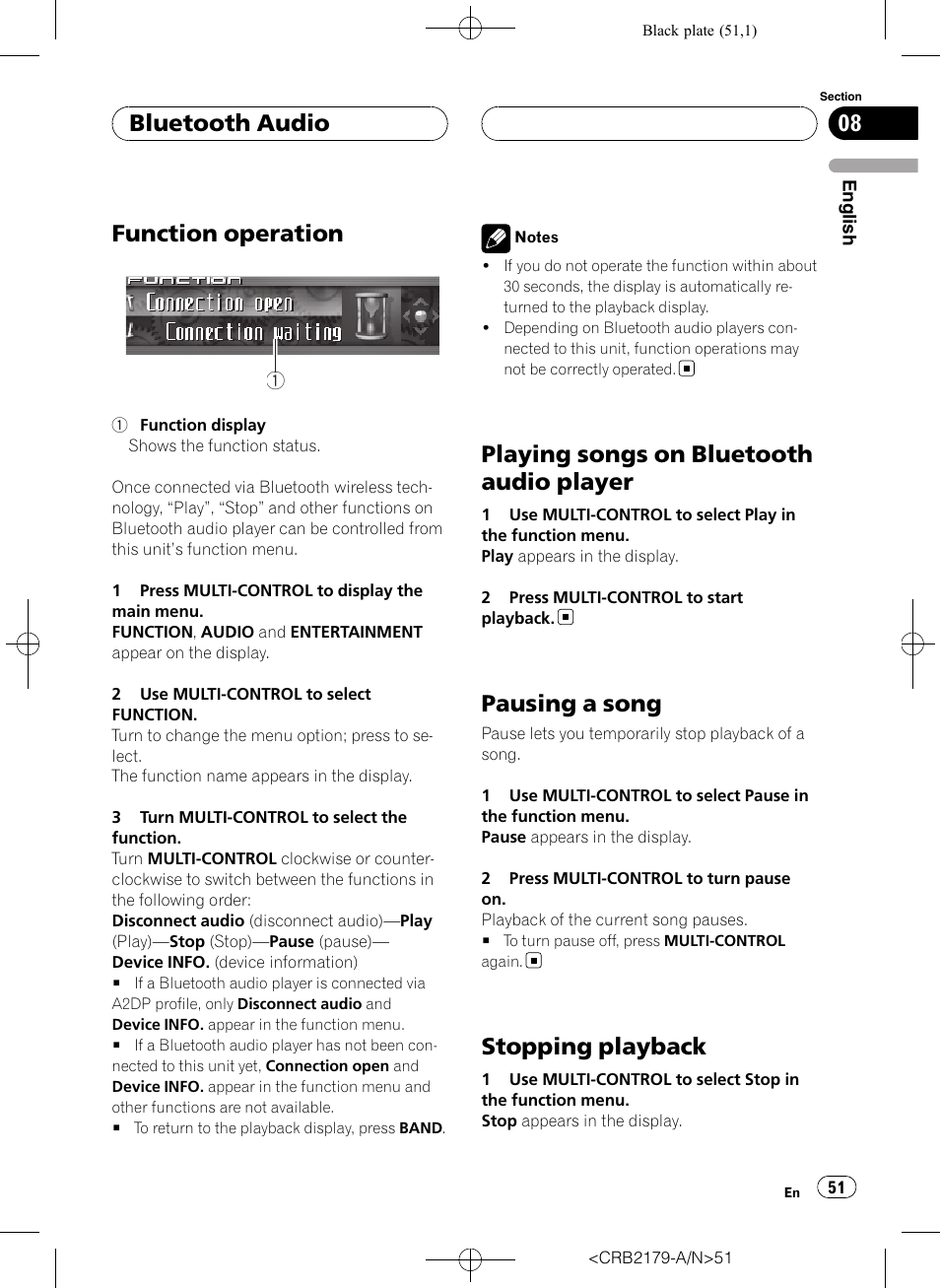 Function operation, Playing songs on bluetooth audio player, Pausing a song | Stopping playback, Bluetooth audio | Pioneer Super Tuner III D DEH-P9850BT User Manual | Page 51 / 104