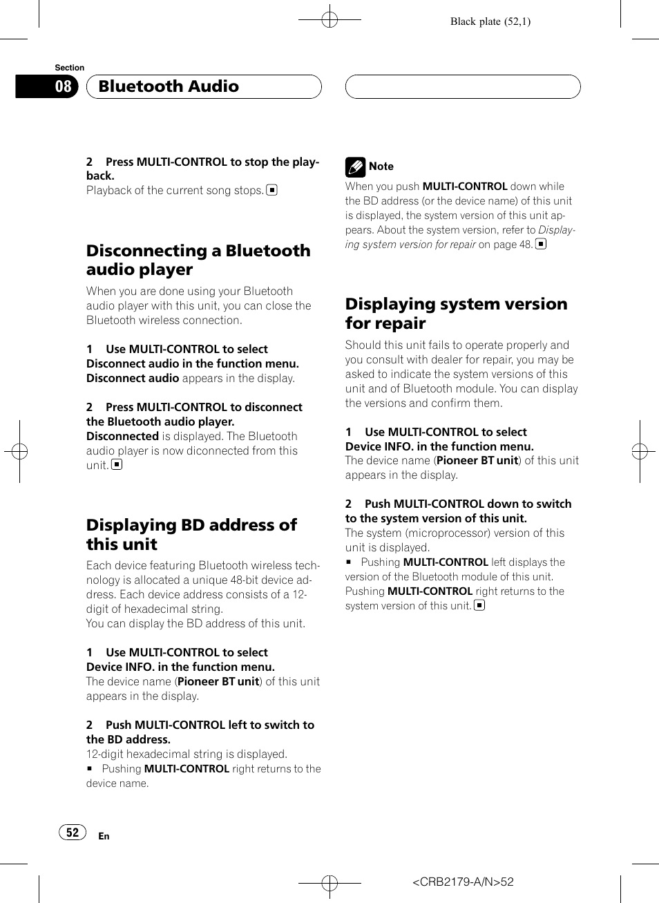 Disconnecting a bluetooth audio player, Displaying bd address of this unit, Displaying system version for repair | Bluetooth audio | Pioneer Super Tuner III D DEH-P9850BT User Manual | Page 52 / 104