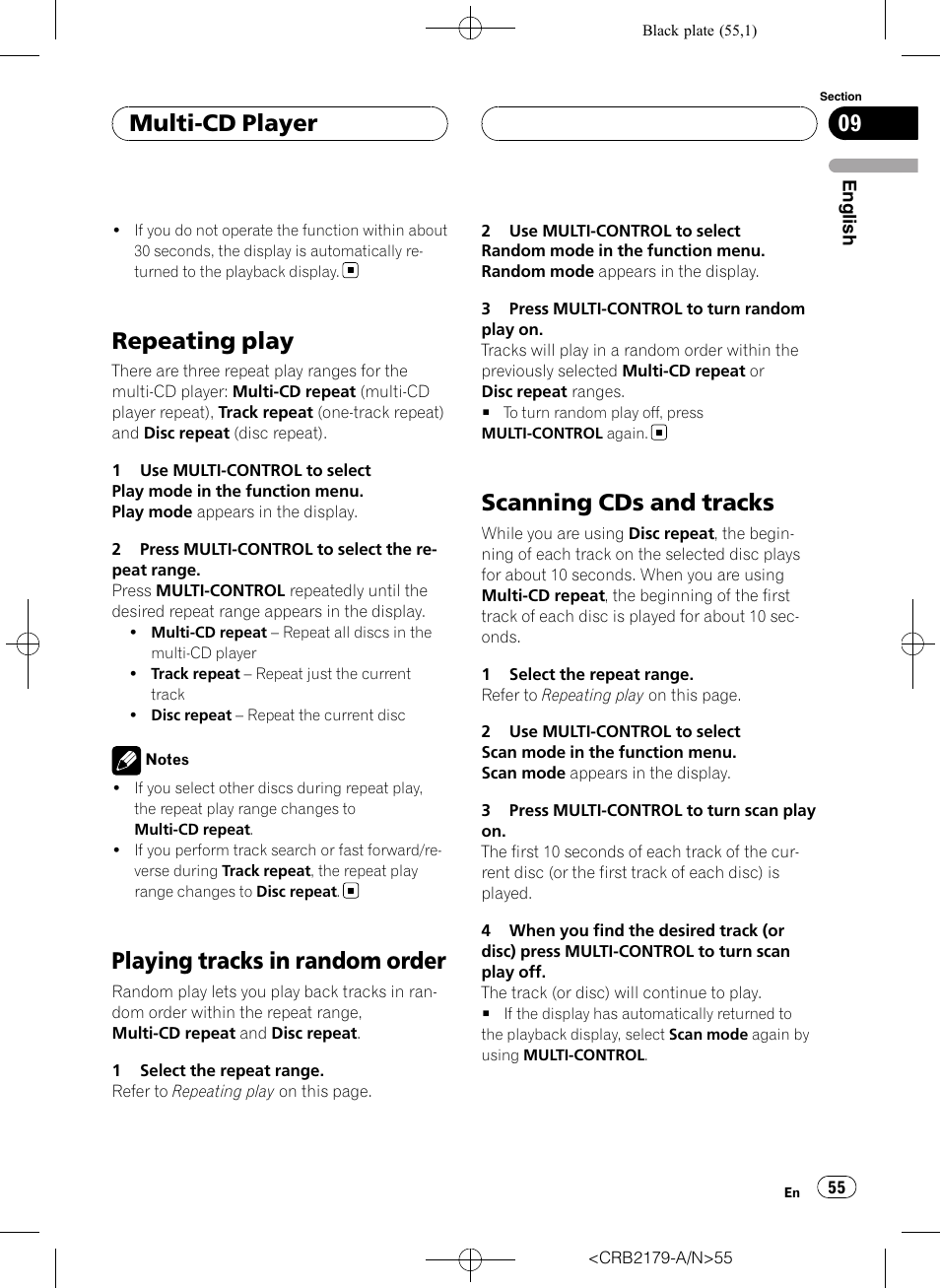 Repeating play, Playing tracks in random order, Scanning cds and tracks | Multi-cd player | Pioneer Super Tuner III D DEH-P9850BT User Manual | Page 55 / 104