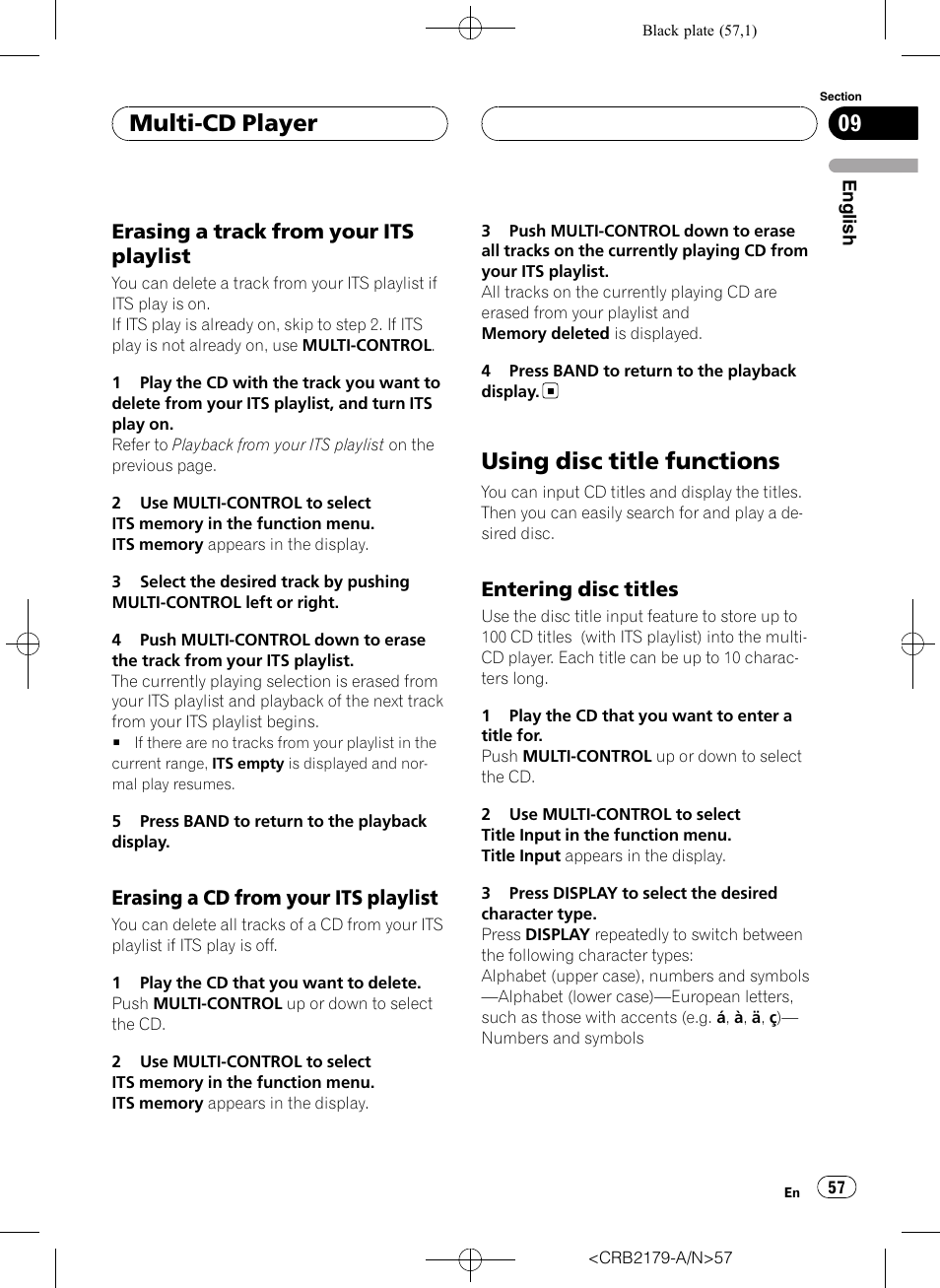 Erasing a track from your its, Playlist, Erasing a cd from your its playlist 57 | Using disc title functions, Entering disc titles 57, Multi-cd player, Erasing a track from your its playlist, Erasing a cd from your its playlist, Entering disc titles | Pioneer Super Tuner III D DEH-P9850BT User Manual | Page 57 / 104