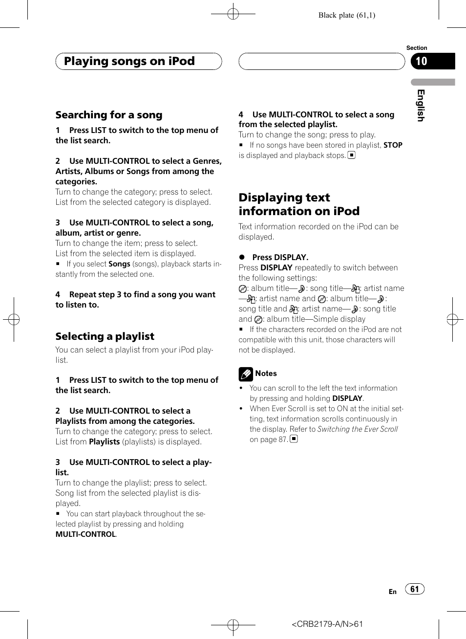 Searching for a song 61, Selecting a playlist 61, Displaying text information on ipod | Playing songs on ipod, Searching for a song, Selecting a playlist | Pioneer Super Tuner III D DEH-P9850BT User Manual | Page 61 / 104