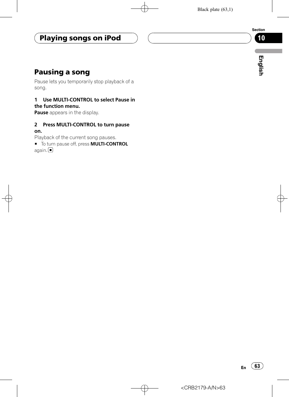 Pausing a song, Playing songs on ipod | Pioneer Super Tuner III D DEH-P9850BT User Manual | Page 63 / 104