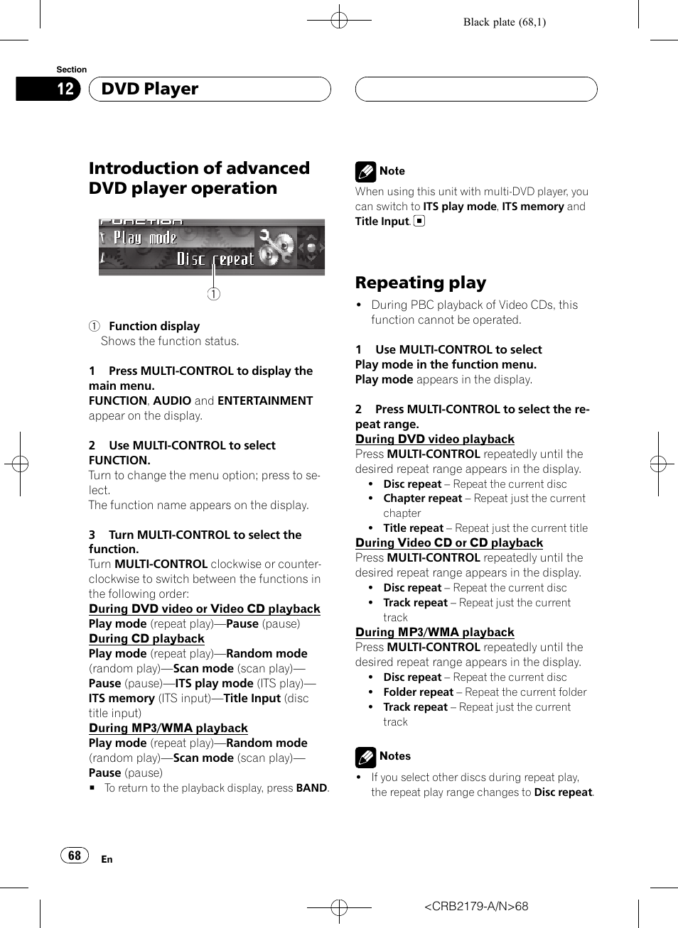 Introduction of advanced dvd player, Operation, Repeating play | Introduction of advanced dvd player operation, Dvd player | Pioneer Super Tuner III D DEH-P9850BT User Manual | Page 68 / 104