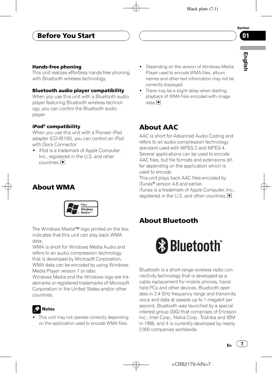 About wma, About aac, About bluetooth | Before you start | Pioneer Super Tuner III D DEH-P9850BT User Manual | Page 7 / 104