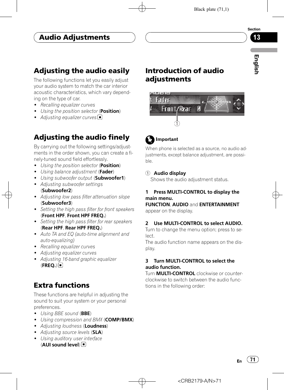 Audio adjustments adjusting the audio easily, Adjusting the audio finely, Extra functions | Introduction of audio adjustments, Adjusting the audio easily, Audio adjustments | Pioneer Super Tuner III D DEH-P9850BT User Manual | Page 71 / 104