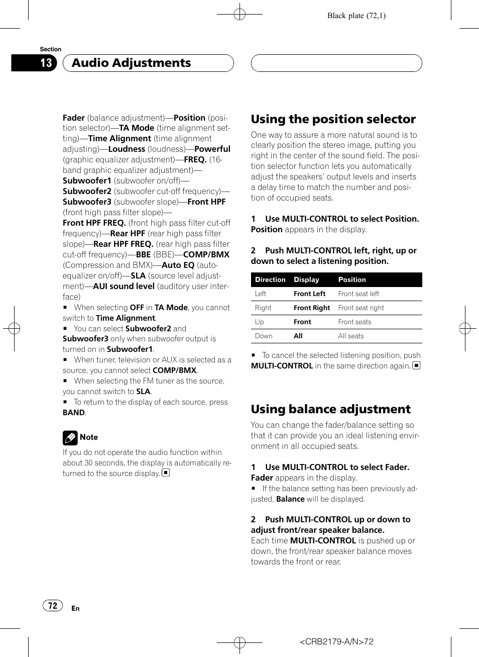 Using the position selector, Using balance adjustment, Audio adjustments | Pioneer Super Tuner III D DEH-P9850BT User Manual | Page 72 / 104