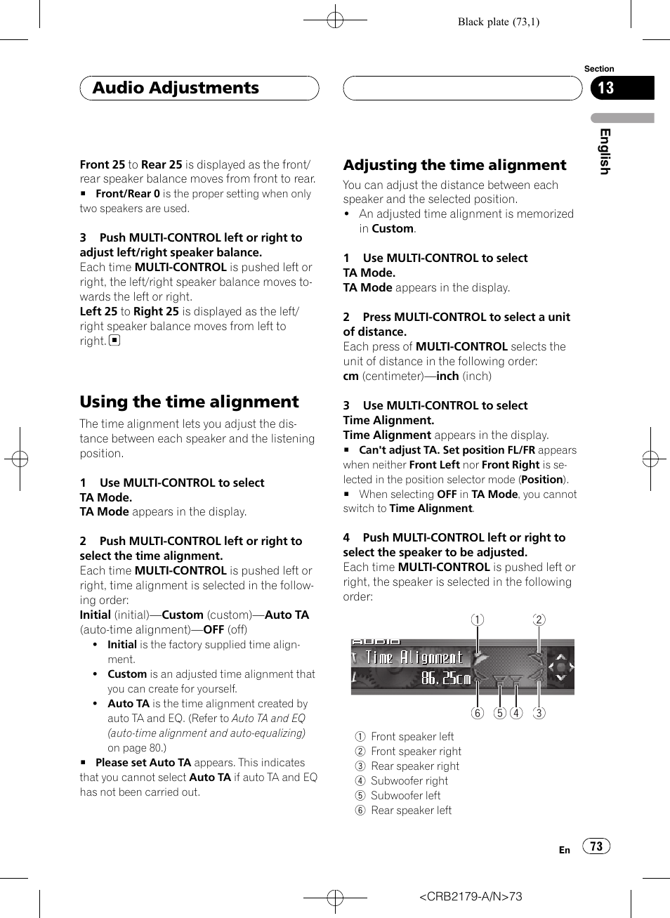Using the time alignment, Adjusting the time alignment 73, Audio adjustments | Pioneer Super Tuner III D DEH-P9850BT User Manual | Page 73 / 104