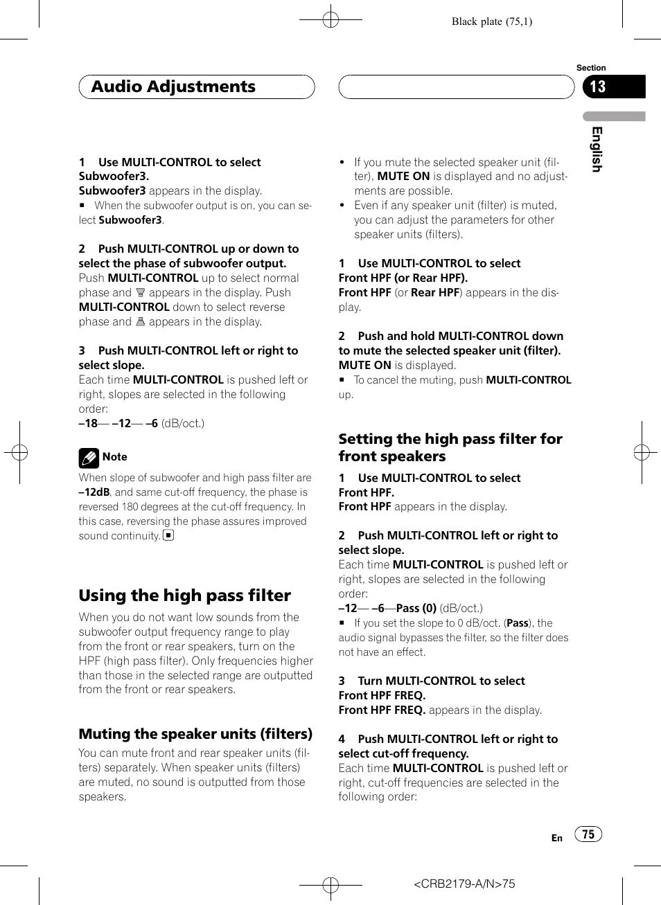 Using the high pass filter, Muting the speaker units (filters) 75, Setting the high pass filter for front | Speakers, Setting the high pass filter for front speakers, Audio adjustments, Muting the speaker units (filters) | Pioneer Super Tuner III D DEH-P9850BT User Manual | Page 75 / 104