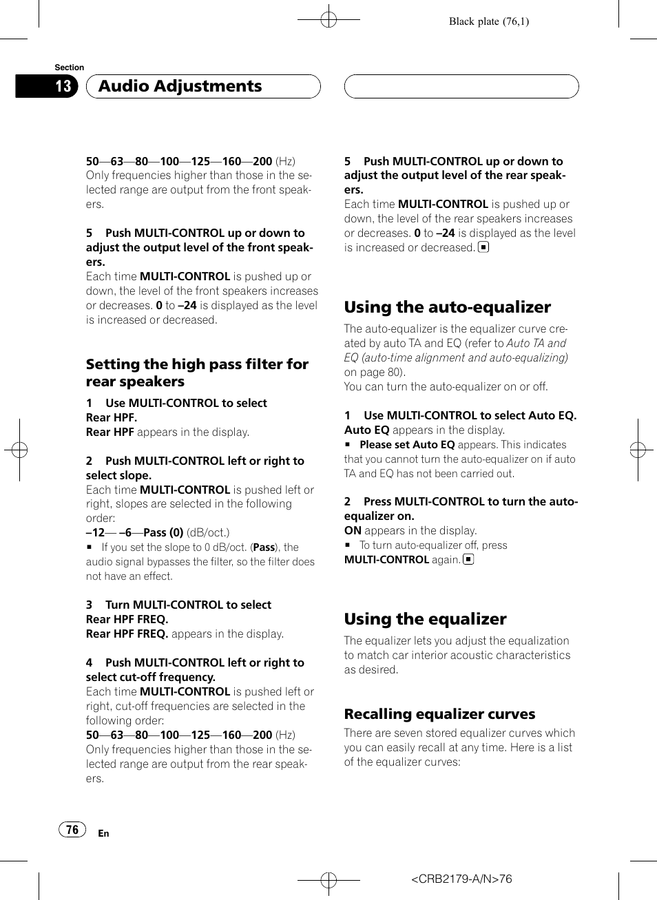 Setting the high pass filter for rear, Speakers, Using the auto-equalizer | Using the equalizer, Recalling equalizer curves 76, Recalling equalizer curves, Setting the high pass filter for rear speakers, Audio adjustments | Pioneer Super Tuner III D DEH-P9850BT User Manual | Page 76 / 104