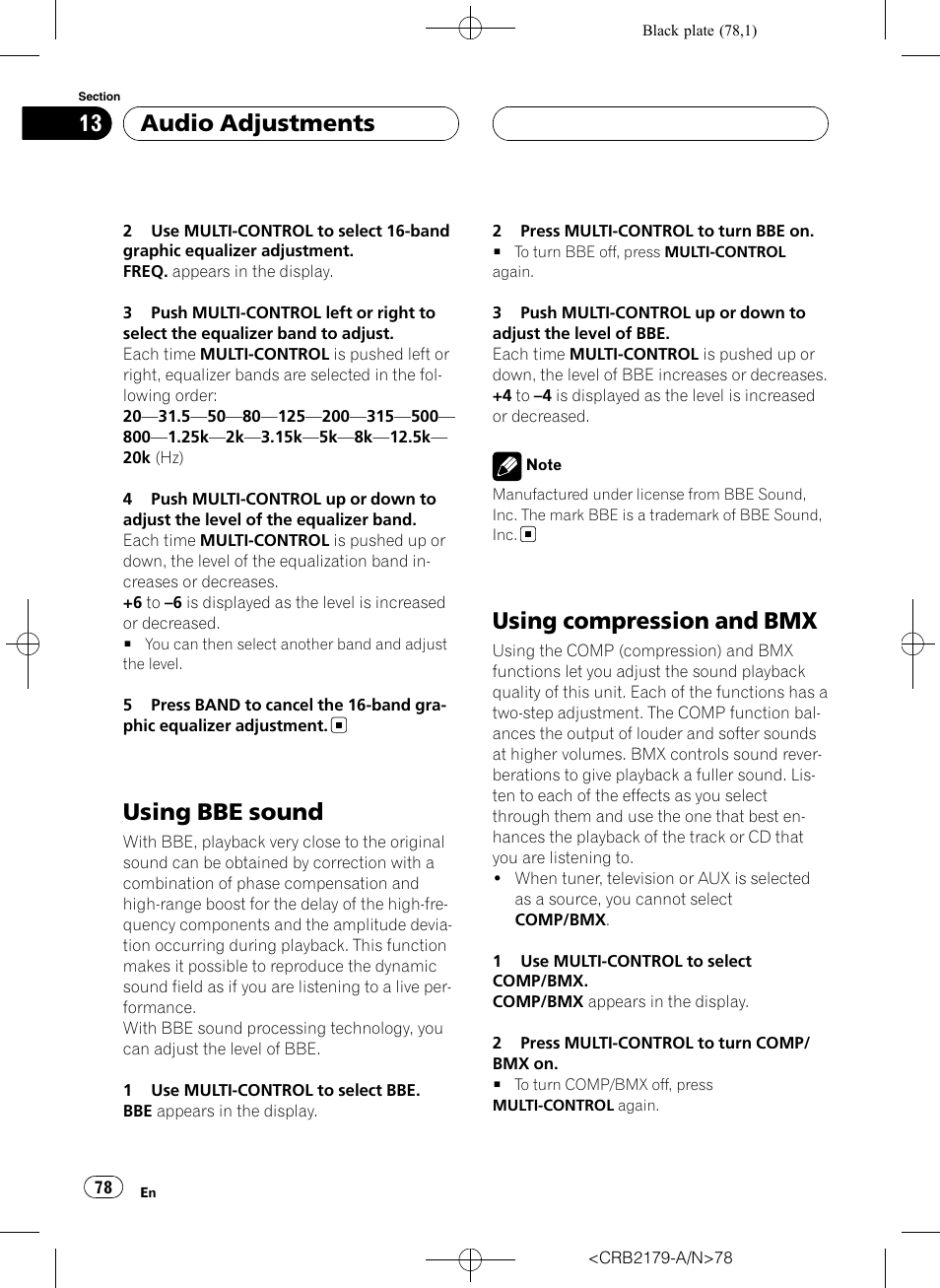 Using bbe sound, Using compression and bmx, Audio adjustments | Pioneer Super Tuner III D DEH-P9850BT User Manual | Page 78 / 104