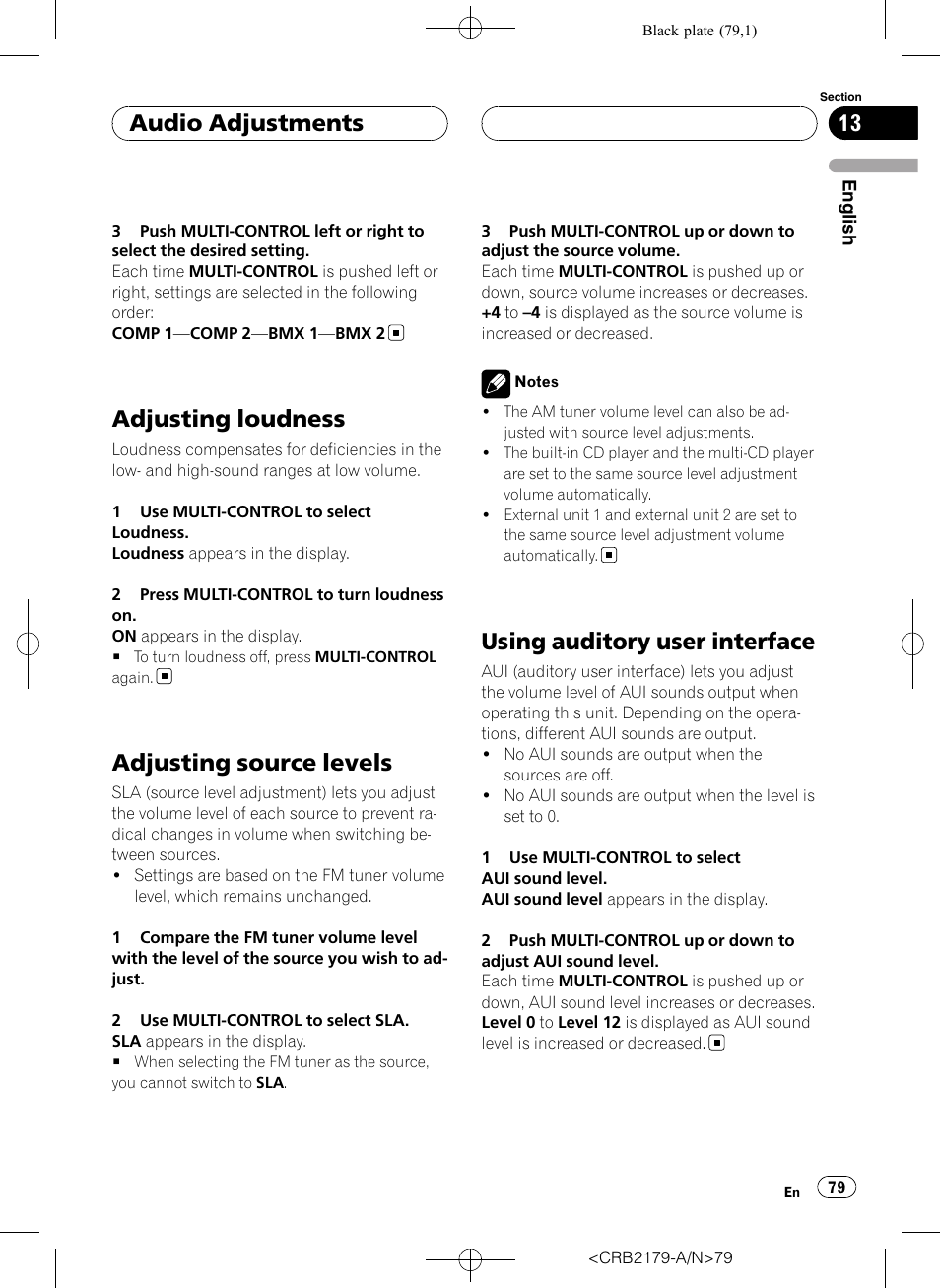 Adjusting loudness, Adjusting source levels, Using auditory user interface | Audio adjustments | Pioneer Super Tuner III D DEH-P9850BT User Manual | Page 79 / 104