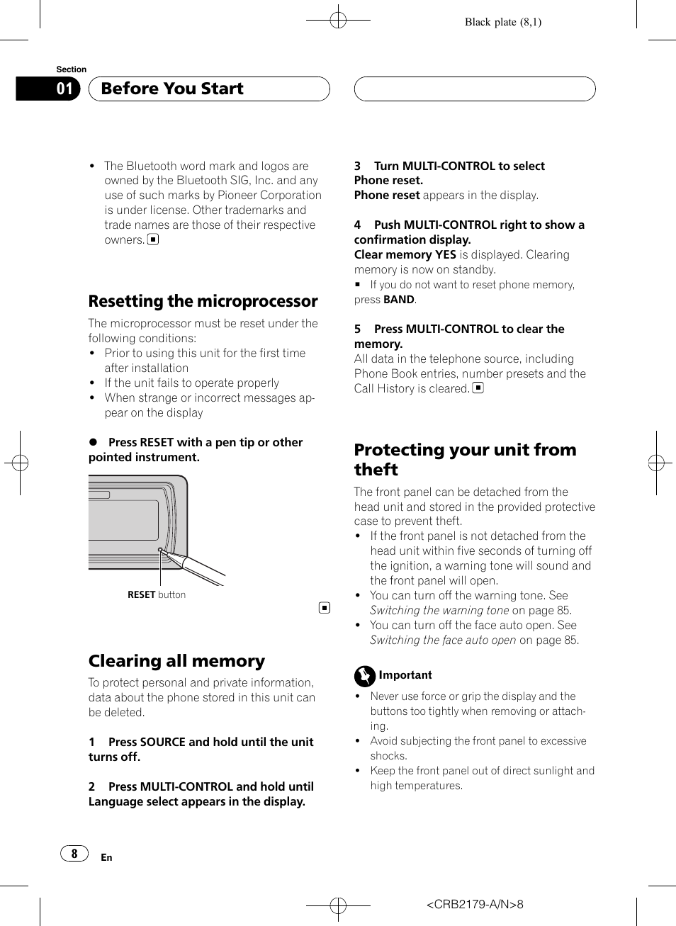 Resetting the microprocessor, Clearing all memory, Protecting your unit from theft | Before you start | Pioneer Super Tuner III D DEH-P9850BT User Manual | Page 8 / 104