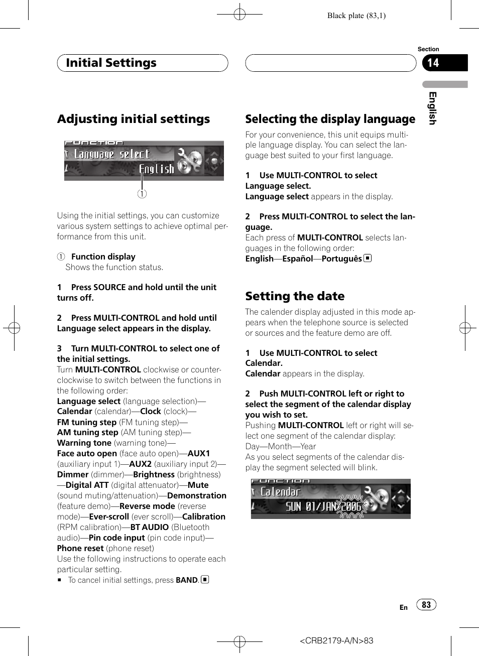 Initial settings adjusting initial settings, Selecting the display language, Setting the date | Adjusting initial settings, Initial settings | Pioneer Super Tuner III D DEH-P9850BT User Manual | Page 83 / 104