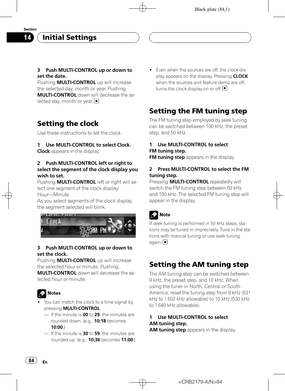 Setting the clock, Setting the fm tuning step, Setting the am tuning step | Initial settings | Pioneer Super Tuner III D DEH-P9850BT User Manual | Page 84 / 104