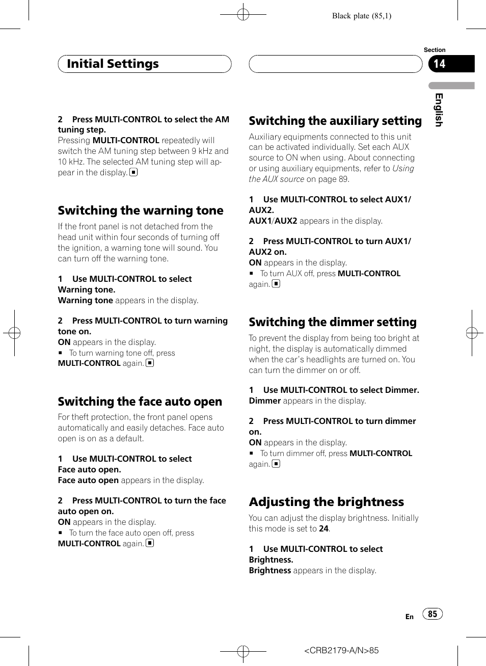 Switching the warning tone, Switching the face auto open, Switching the auxiliary setting | Switching the dimmer setting, Adjusting the brightness, Initial settings | Pioneer Super Tuner III D DEH-P9850BT User Manual | Page 85 / 104