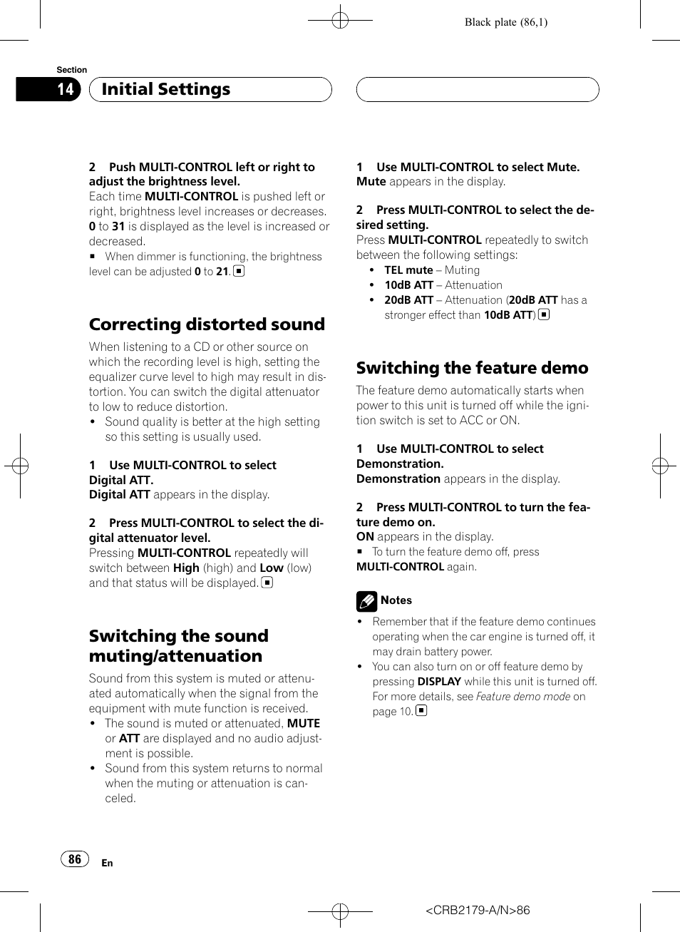 Correcting distorted sound, Switching the sound muting/attenuation, Switching the feature demo | Initial settings | Pioneer Super Tuner III D DEH-P9850BT User Manual | Page 86 / 104