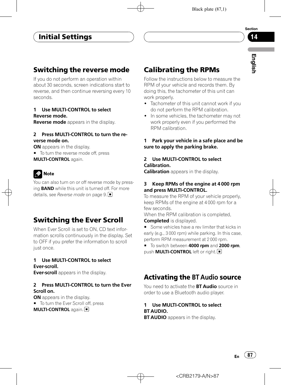 Switching the reverse mode, Switching the ever scroll, Calibrating the rpms | Activating the bt audio source, Activating the, Bt audio source on, Initial settings | Pioneer Super Tuner III D DEH-P9850BT User Manual | Page 87 / 104