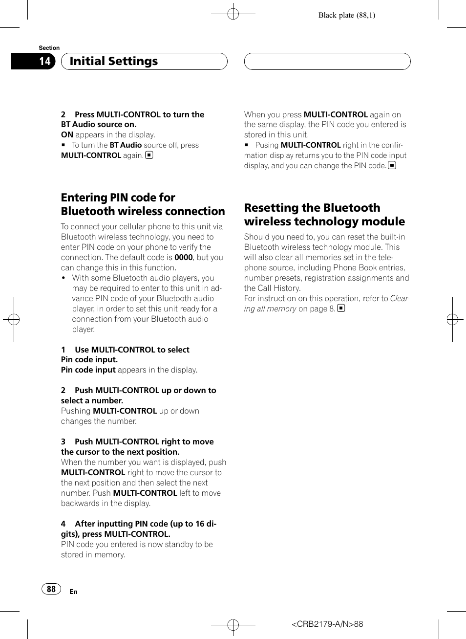 Entering pin code for bluetooth wireless, Connection, Resetting the bluetooth wireless technology | Module, Resetting the bluetooth wireless technology module, Initial settings | Pioneer Super Tuner III D DEH-P9850BT User Manual | Page 88 / 104