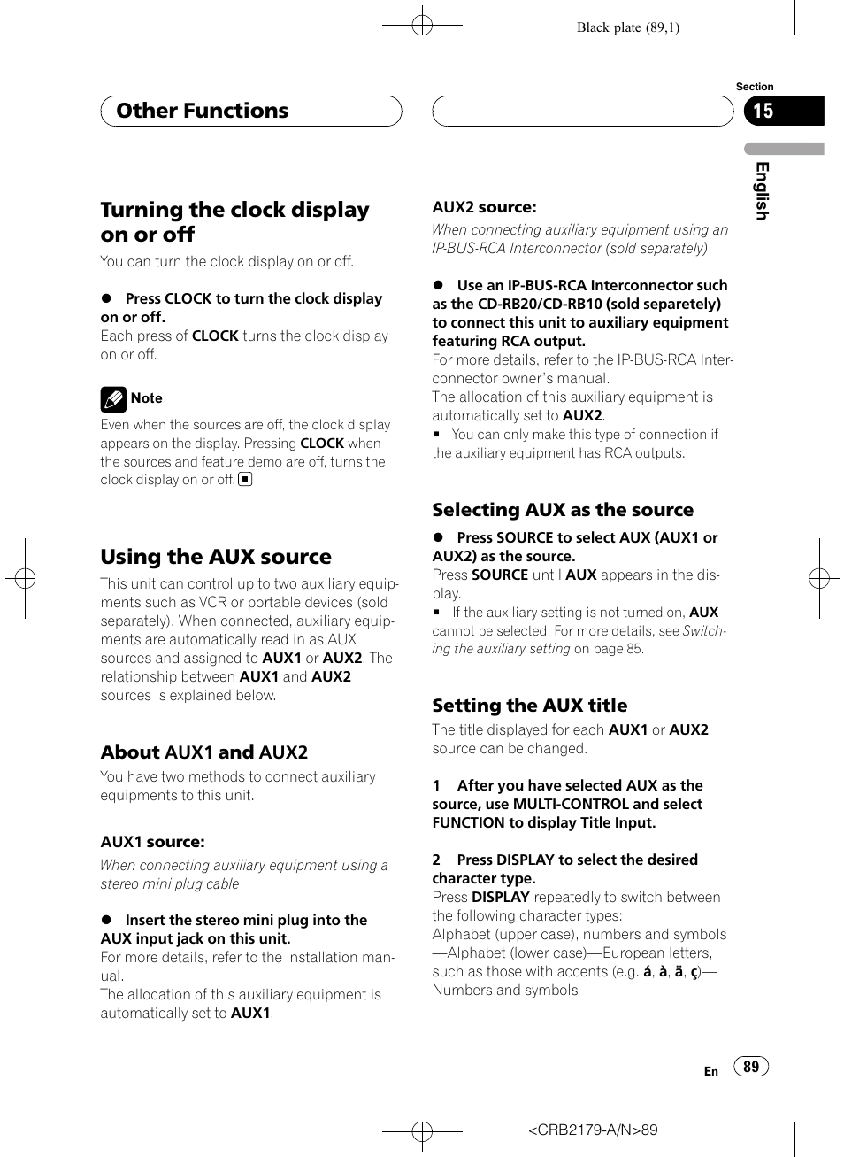 Using the aux source, About aux1 and aux2 89, Selecting aux as the source 89 | Setting the aux title 89, Turning the clock display on or off, Other functions, About aux1 and aux2, Selecting aux as the source, Setting the aux title | Pioneer Super Tuner III D DEH-P9850BT User Manual | Page 89 / 104