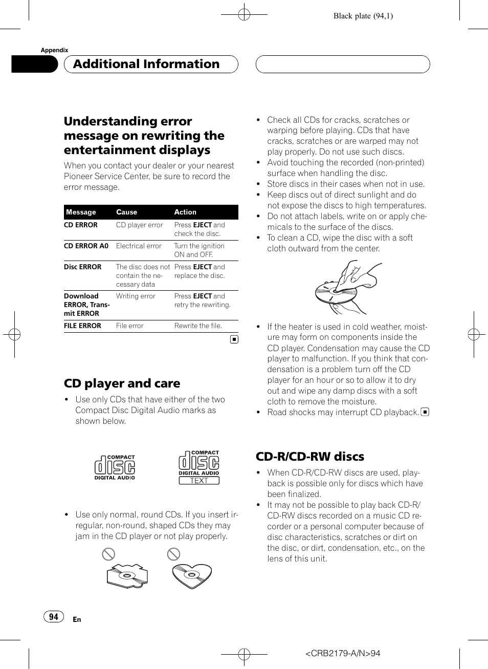 Understanding error message on rewriting, The entertainment displays, Cd player and care | Cd-r/cd-rw discs, Additional information | Pioneer Super Tuner III D DEH-P9850BT User Manual | Page 94 / 104