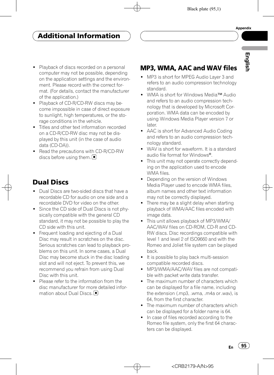 Dual discs, Mp3, wma, aac and wav files, Additional information | Pioneer Super Tuner III D DEH-P9850BT User Manual | Page 95 / 104