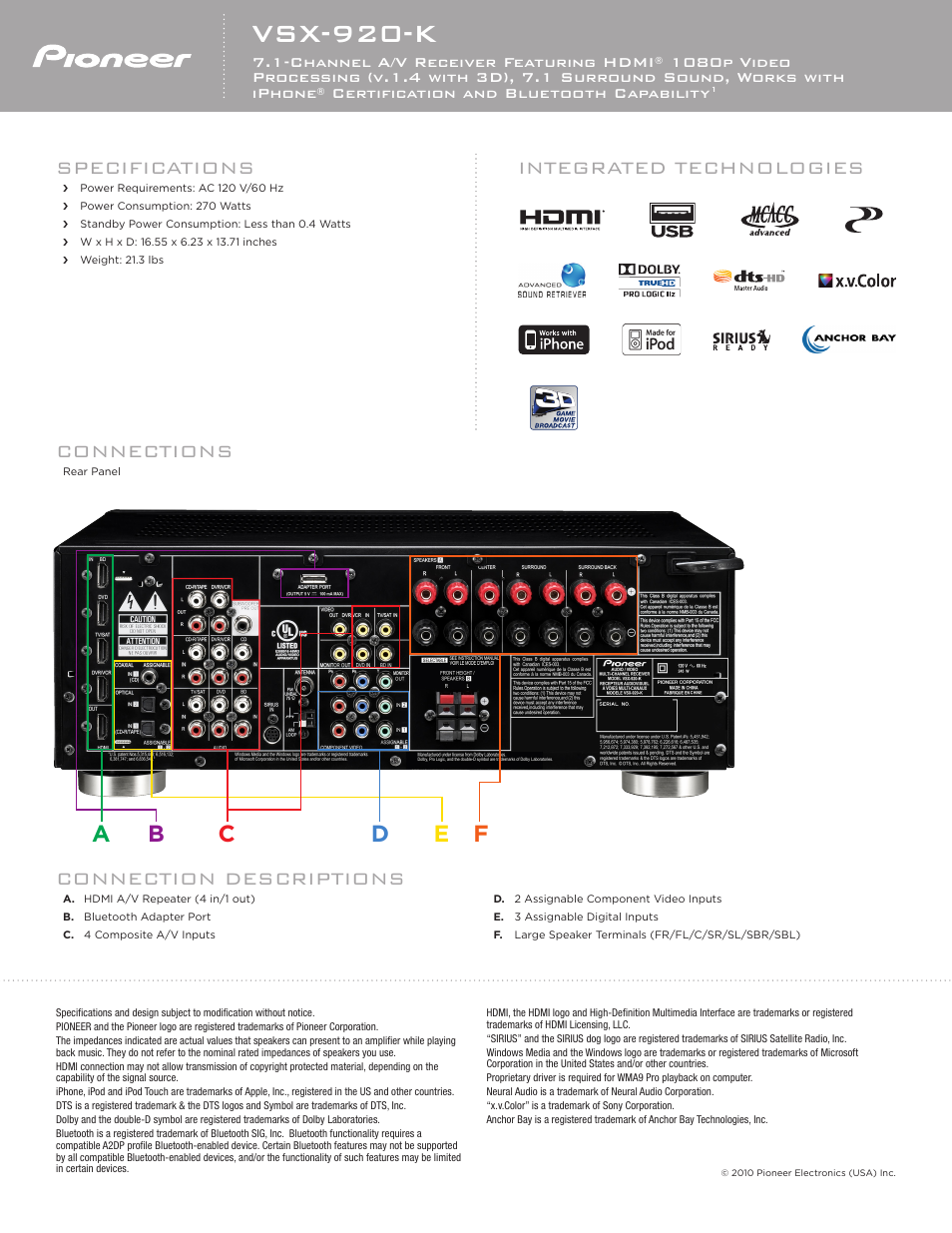 Vsx-920-k, Connections, Specifications | Integrated technologies, Connection descriptions | Pioneer VSX-920-K User Manual | Page 2 / 2