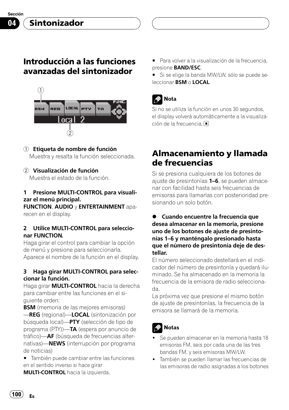 Introducción a las funciones avanzadas del, Sintonizador 100, Almacenamiento y llamada de | Frecuencias 100, Almacenamiento y llamada de frecuencias, Sintonizador | Pioneer DEH-P8600MP User Manual | Page 100 / 179