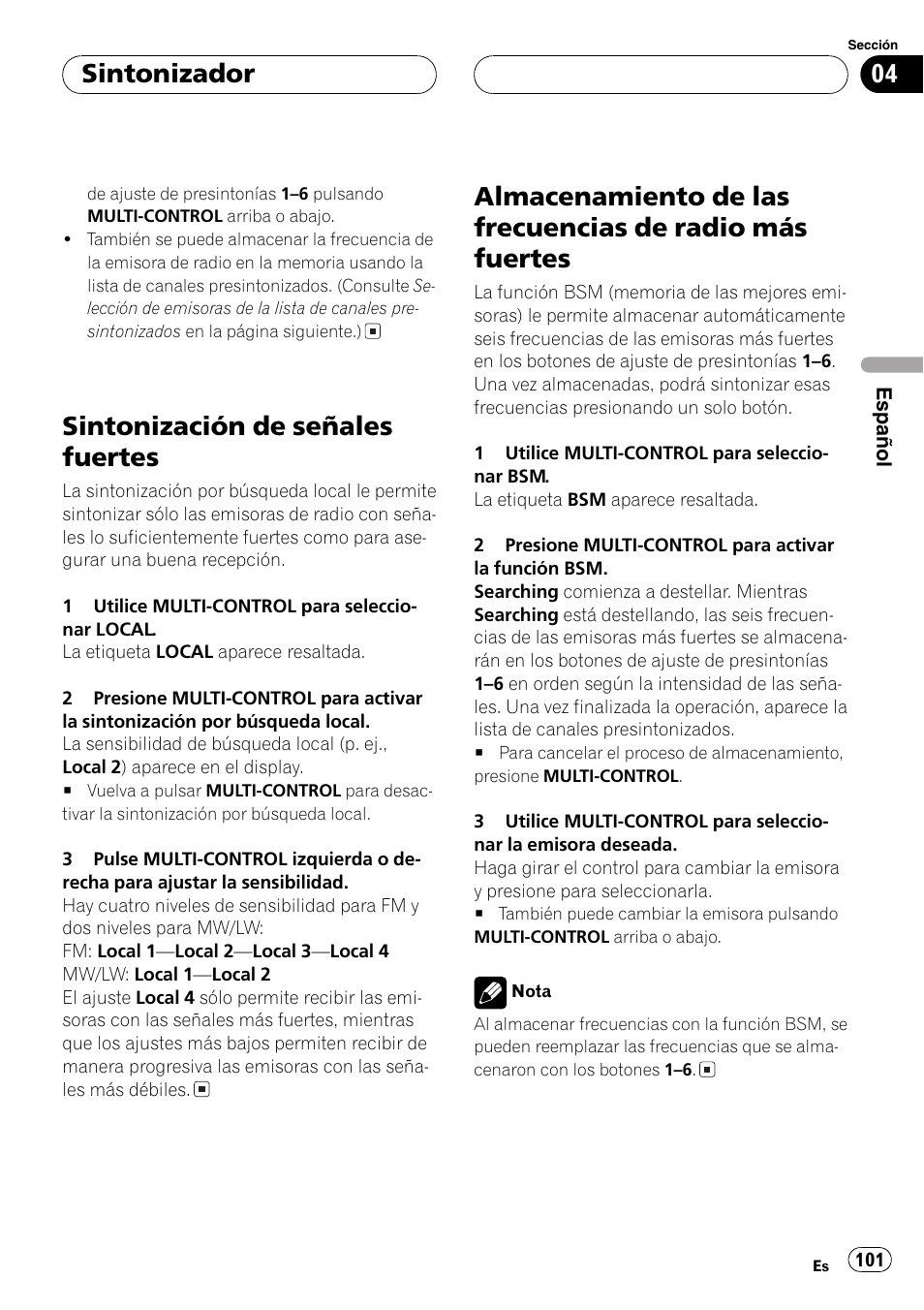 Sintonización de señales fuertes 101, Almacenamiento de las frecuencias de radio, Más fuertes 101 | Sintonización de señales fuertes, Sintonizador | Pioneer DEH-P8600MP User Manual | Page 101 / 179