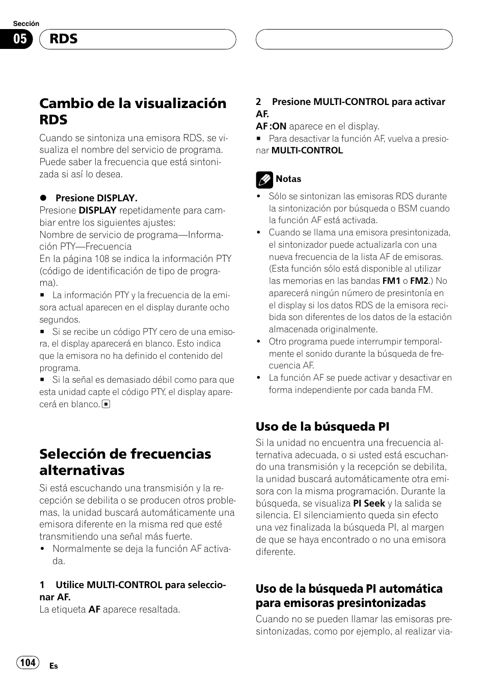 Cambio de la visualización rds 104, Selección de frecuencias alternativas 104, Uso de la búsqueda pi 104 | Uso de la búsqueda pi automática, Para emisoras presintonizadas 104, Cambio de la visualización rds, Selección de frecuencias alternativas | Pioneer DEH-P8600MP User Manual | Page 104 / 179