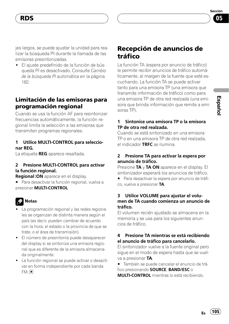 Limitación de las emisoras para, Programación regional 105, Recepción de anuncios de tráfico 105 | Recepción de anuncios de tráfico | Pioneer DEH-P8600MP User Manual | Page 105 / 179