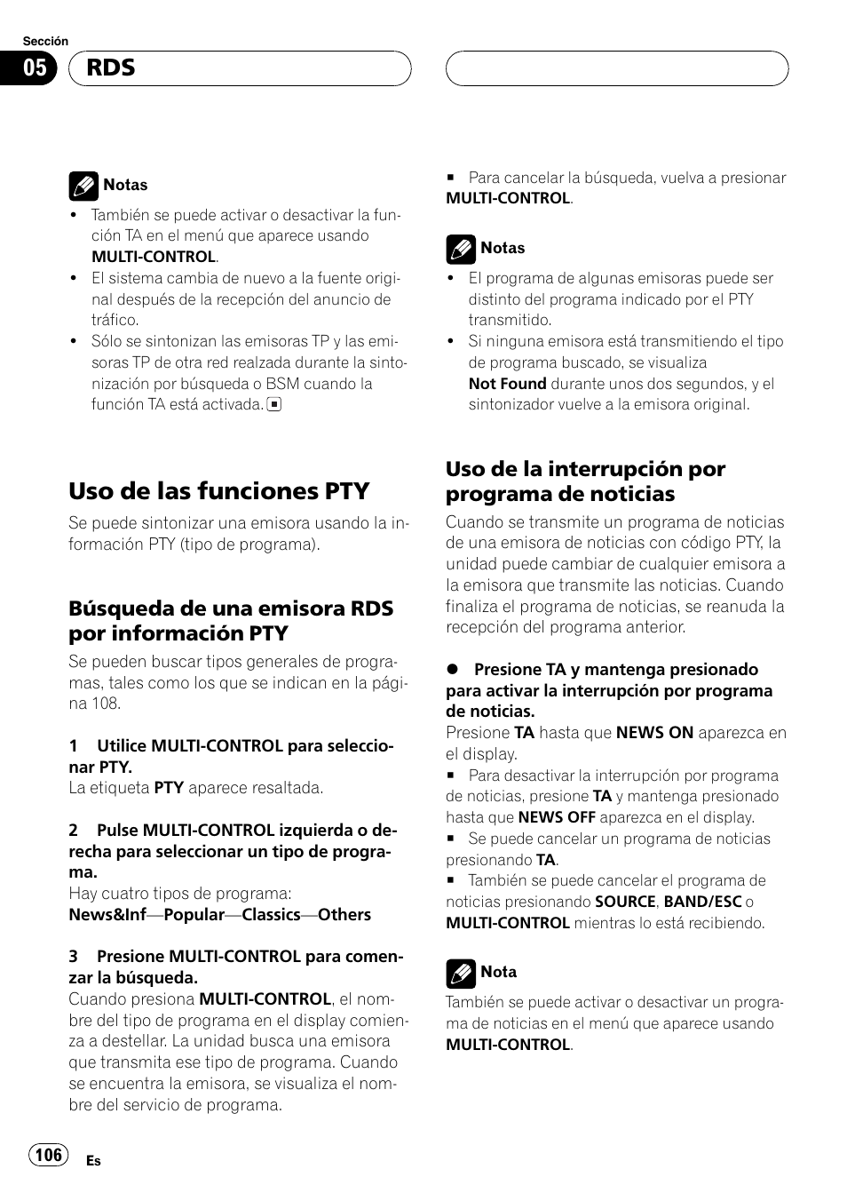 Uso de las funciones pty 106, Búsqueda de una emisora rds por, Información pty 106 | Uso de la interrupción por programa, De noticias 106, Uso de las funciones pty, Búsqueda de una emisora rds por información pty, Uso de la interrupción por programa de noticias | Pioneer DEH-P8600MP User Manual | Page 106 / 179