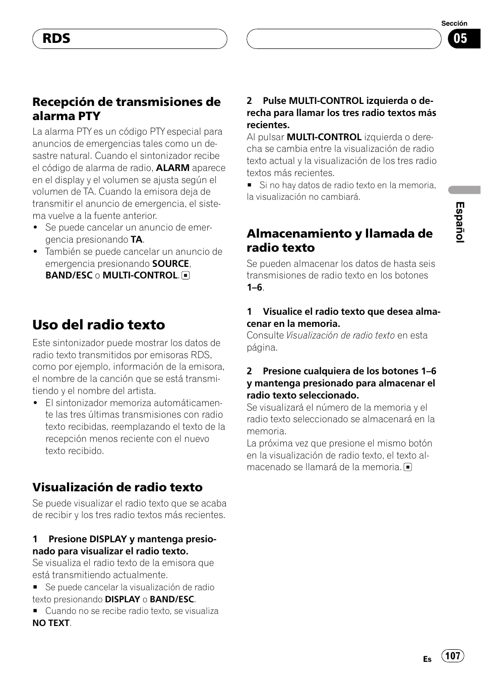 Recepción de transmisiones de, Alarma pty 107, Uso del radio texto 107 | Visualización de radio texto 107, Almacenamiento y llamada de radio, Texto 107, Uso del radio texto, Recepción de transmisiones de alarma pty, Visualización de radio texto, Almacenamiento y llamada de radio texto | Pioneer DEH-P8600MP User Manual | Page 107 / 179
