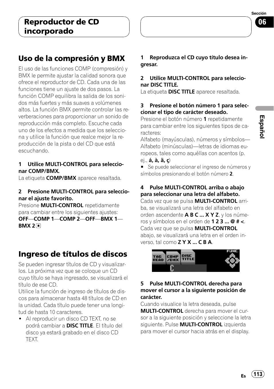 Uso de la compresión y bmx 113, Ingreso de títulos de discos 113, Uso de la compresión y bmx | Ingreso de títulos de discos, Reproductor de cd incorporado | Pioneer DEH-P8600MP User Manual | Page 113 / 179