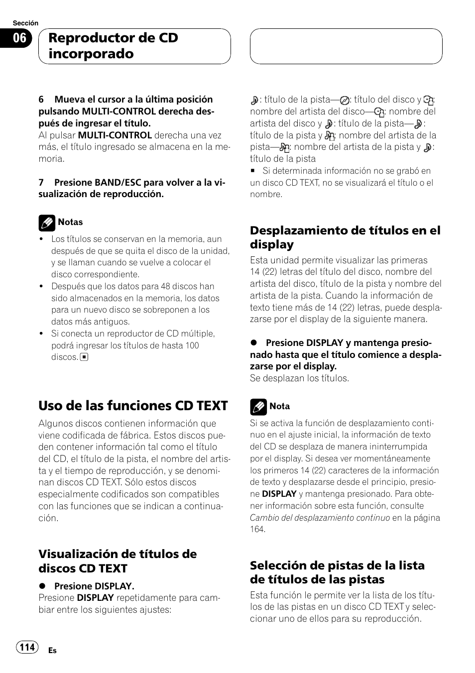 Uso de las funciones cd text 114, Visualización de títulos de discos cd, Text 114 | Desplazamiento de títulos en el, Display 114, Selección de pistas de la lista de, Títulos de las pistas 114, Uso de las funciones cd text, Reproductor de cd incorporado | Pioneer DEH-P8600MP User Manual | Page 114 / 179