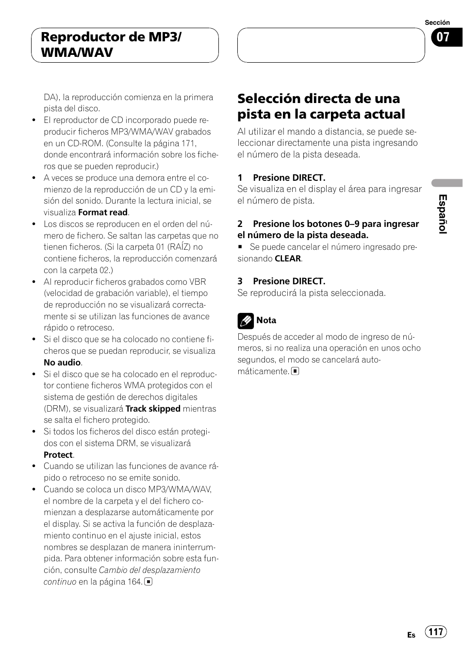 Selección directa de una pista en la carpeta, Actual 117, Reproductor de mp3/ wma/wav | Pioneer DEH-P8600MP User Manual | Page 117 / 179