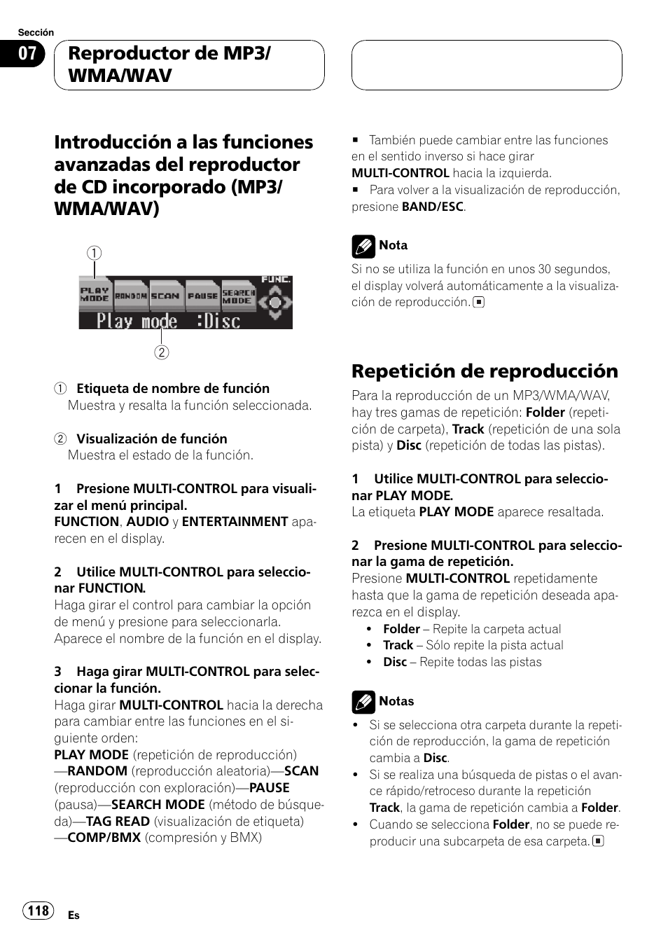 Introducción a las funciones avanzadas del, Reproductor de cd incorporado (mp3, Wma/wav) 118 | Repetición de reproducción 118, Repetición de reproducción, Reproductor de mp3/ wma/wav | Pioneer DEH-P8600MP User Manual | Page 118 / 179