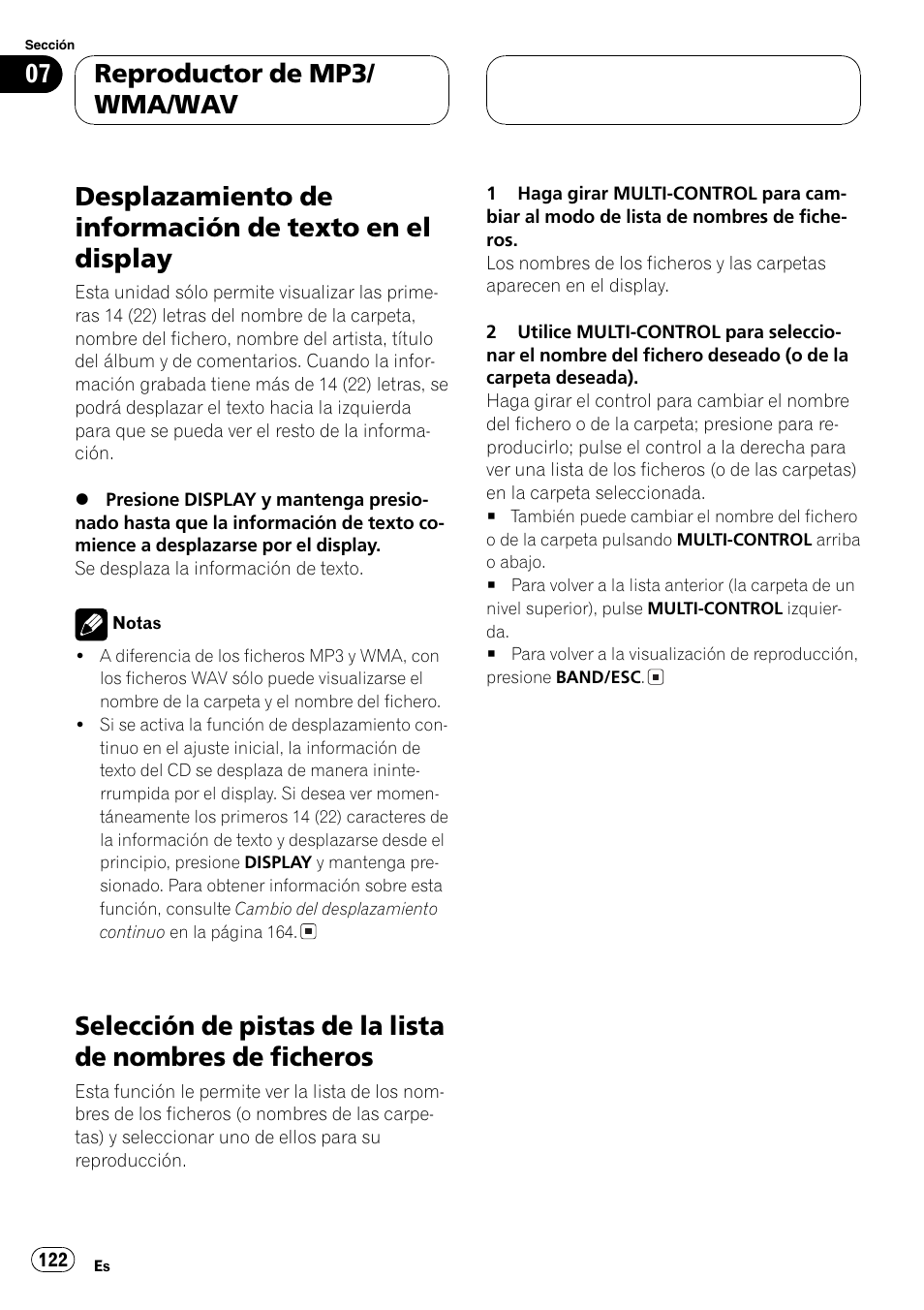 Desplazamiento de información de texto en, El display 122, Selección de pistas de la lista de nombres de | Ficheros 122, Reproductor de mp3/ wma/wav | Pioneer DEH-P8600MP User Manual | Page 122 / 179