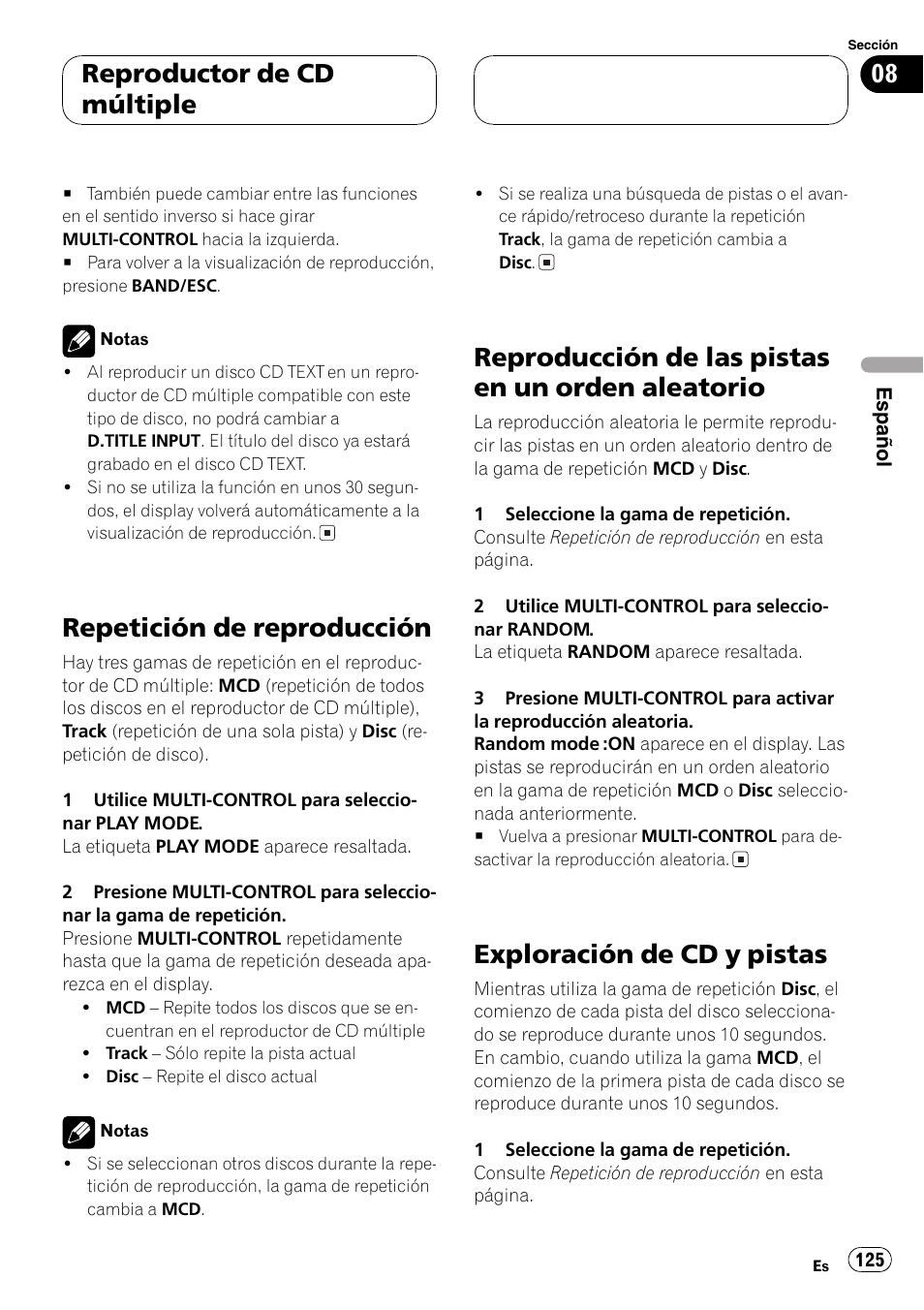 Repetición de reproducción 125, Reproducción de las pistas en un orden, Aleatorio 125 | Exploración de cd y pistas 125, Repetición de reproducción, Reproducción de las pistas en un orden aleatorio, Exploración de cd y pistas, Reproductor de cd múltiple | Pioneer DEH-P8600MP User Manual | Page 125 / 179