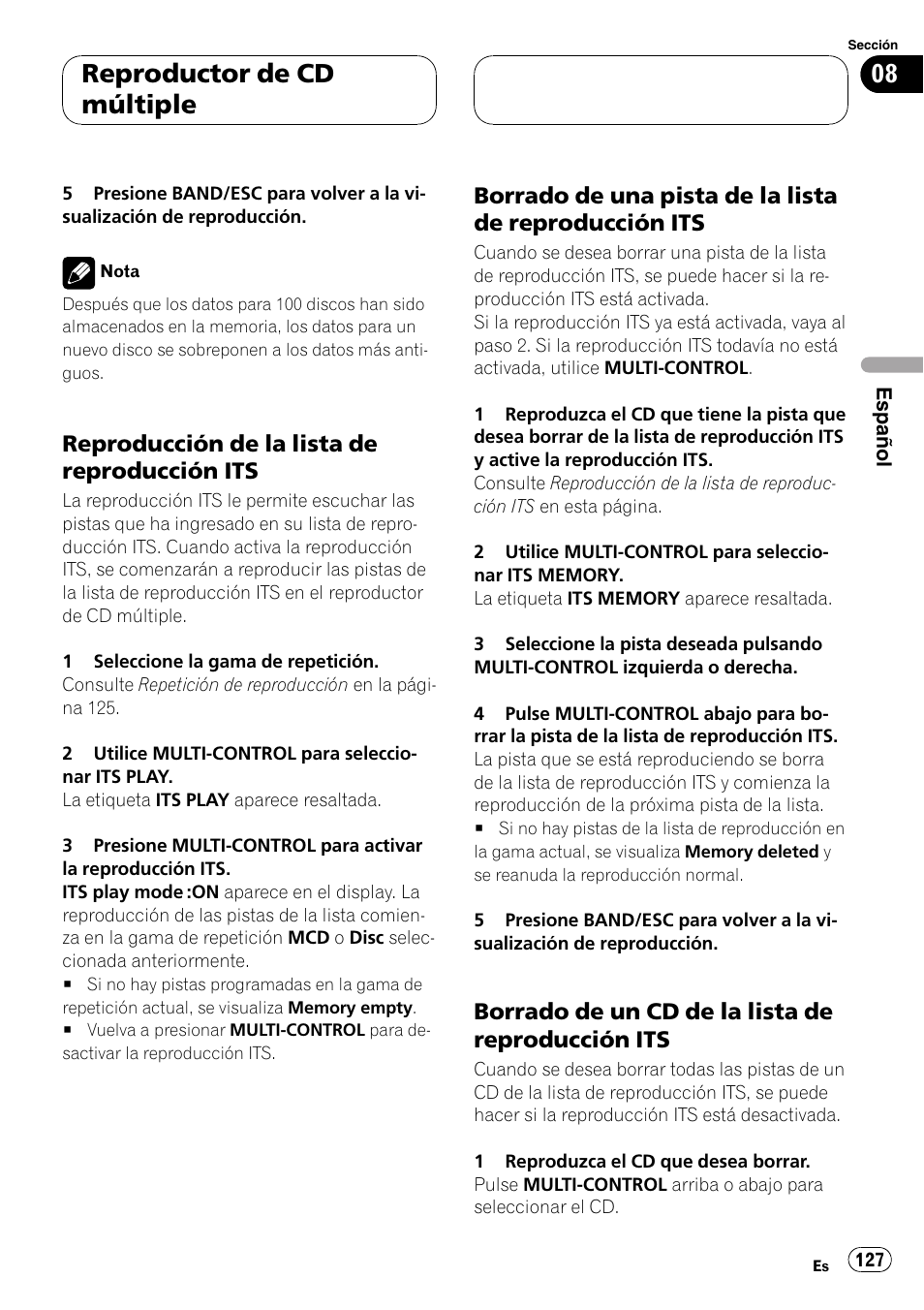 Reproducción de la lista de, Reproducción its 127, Borrado de una pista de la lista de | Borrado de un cd de la lista de, Reproductor de cd múltiple | Pioneer DEH-P8600MP User Manual | Page 127 / 179