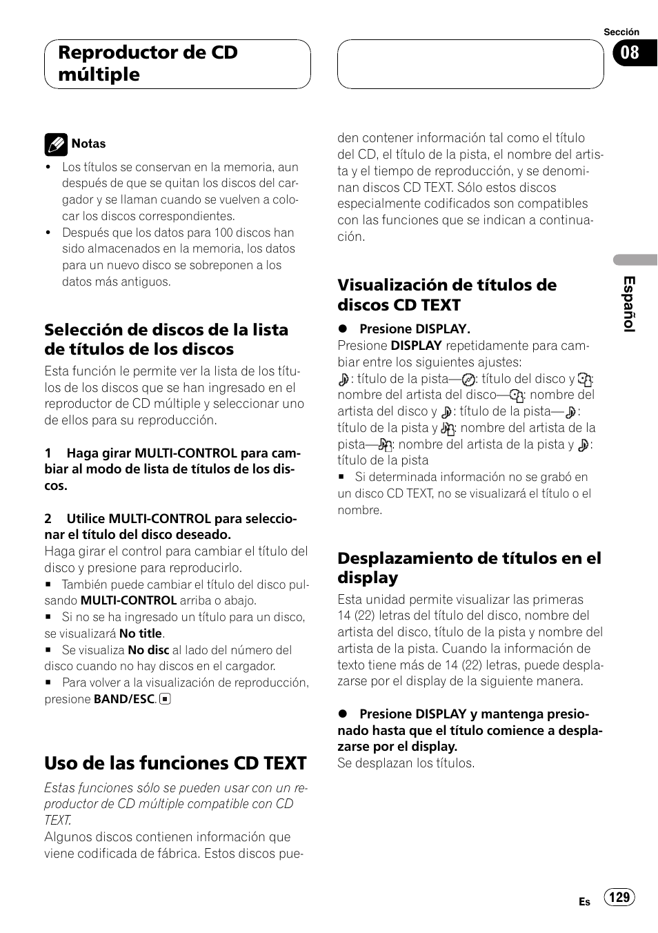 Selección de discos de la lista de, Títulos de los discos 129, Uso de las funciones cd text 129 | Visualización de títulos de discos cd, Text 129, Desplazamiento de títulos en el, Display 129, Uso de las funciones cd text, Reproductor de cd múltiple | Pioneer DEH-P8600MP User Manual | Page 129 / 179