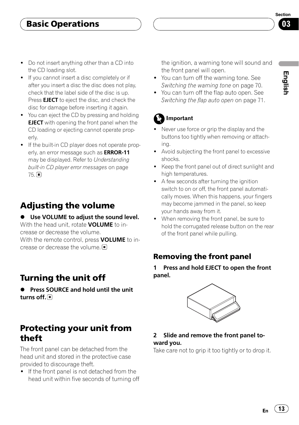 Removing the front panel 13, Adjusting the volume, Turning the unit off | Protecting your unit from theft, Basic operations, Removing the front panel | Pioneer DEH-P8600MP User Manual | Page 13 / 179