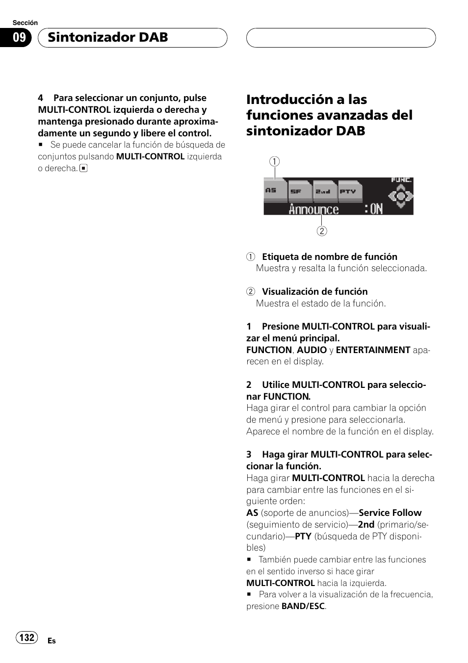 Introducción a las funciones avanzadas del, Sintonizador dab 132, Sintonizador dab | Pioneer DEH-P8600MP User Manual | Page 132 / 179